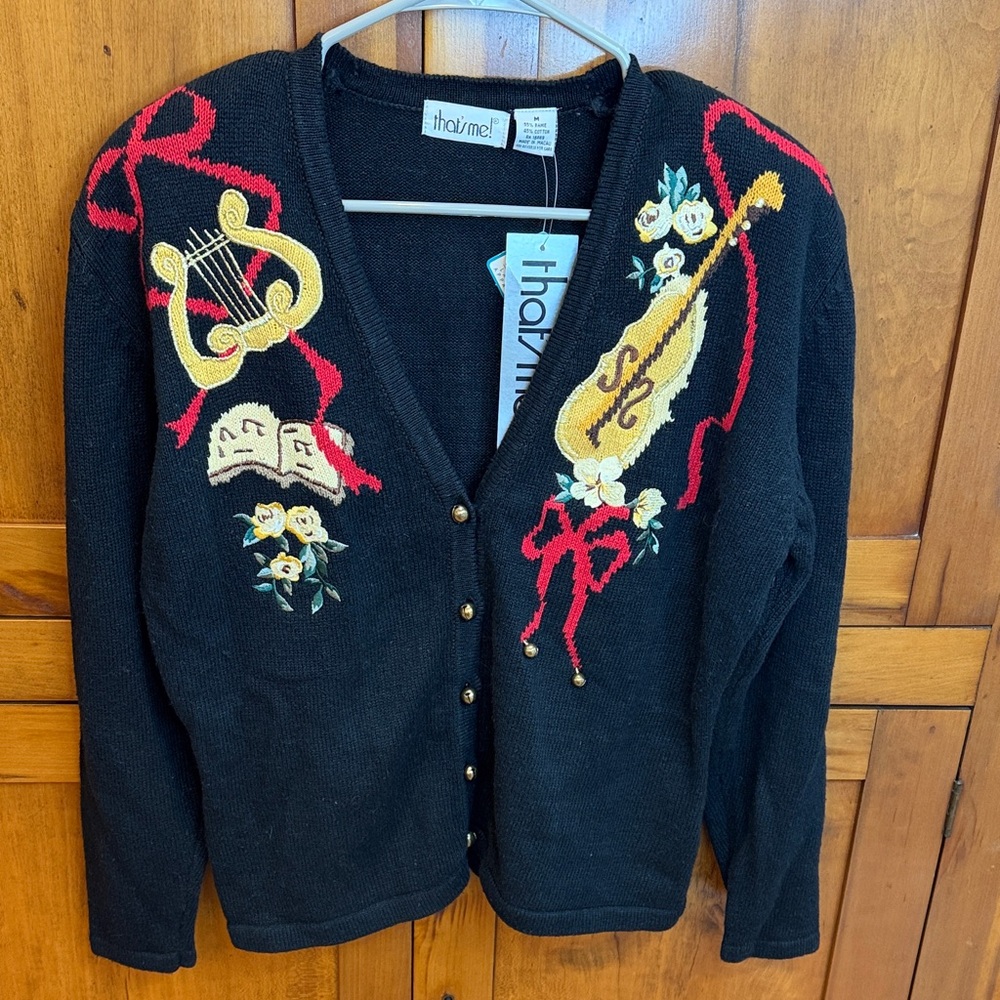 NWT Vintage Black Embroidered Music Theme Cardigan w/Bell Buttons - 90s